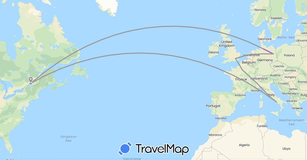 TravelMap itinerary: driving, plane, train in Canada, Germany, France, United Kingdom, Italy, Netherlands (Europe, North America)